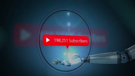 animación del brazo del robot que sostiene el círculo con la notificación de los suscriptores, el icono de reproducción y el número creciente