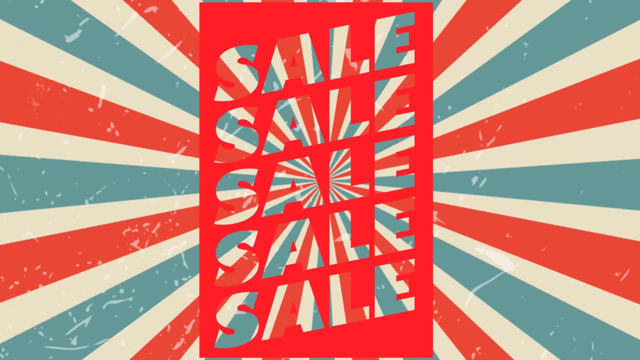 파란색과 빨간색 방사선에 대한 판매 텍스트 배너의 애니메이션이 끊임없는 패턴으로 회전합니다.