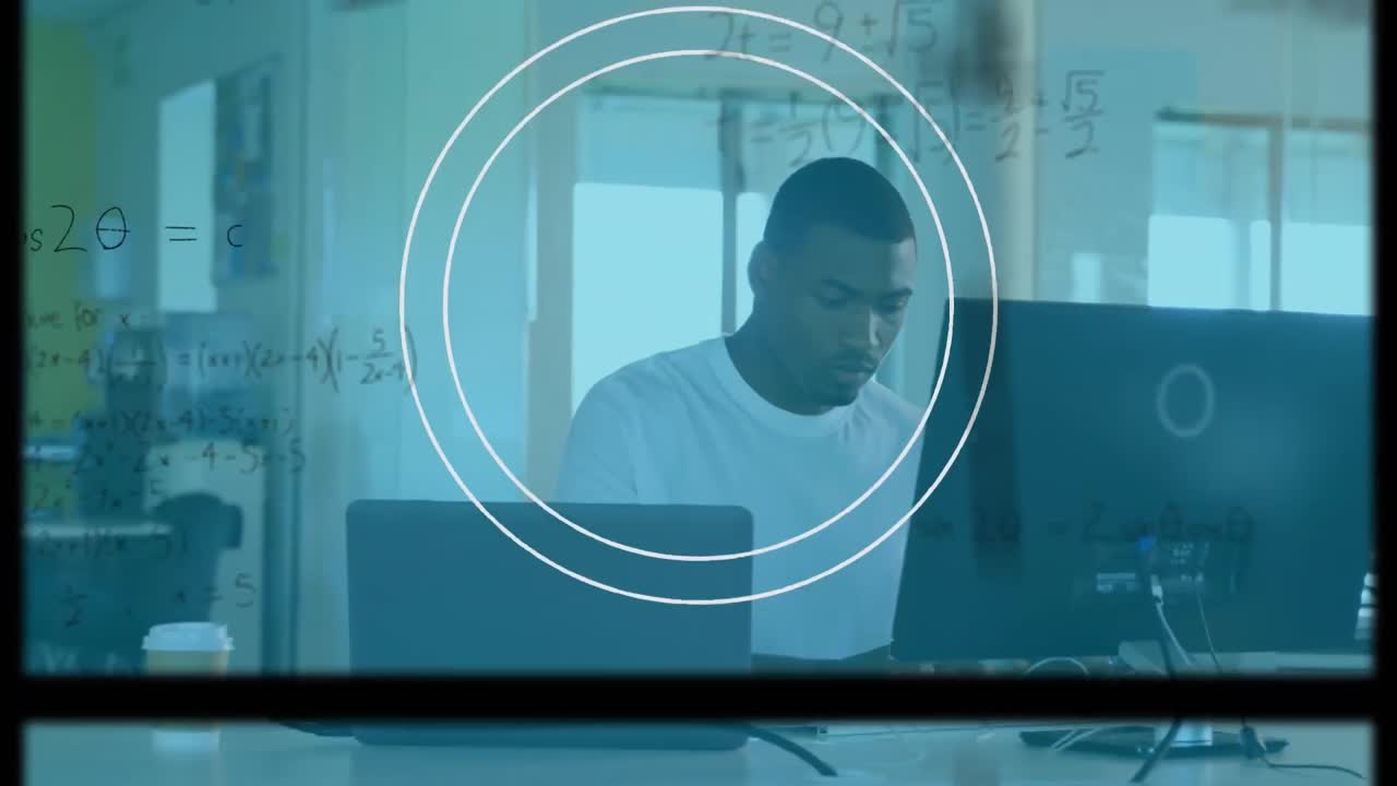 Animation mathematical formulas over businessman using computer