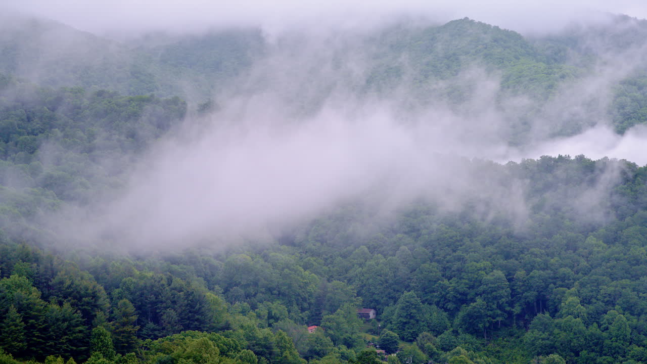 Drone footage sweeping along a mist-curled valley in the Smoky Mountains