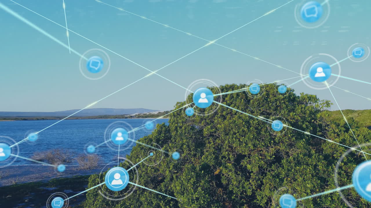 Network of connections and data processing animation over landscape with water