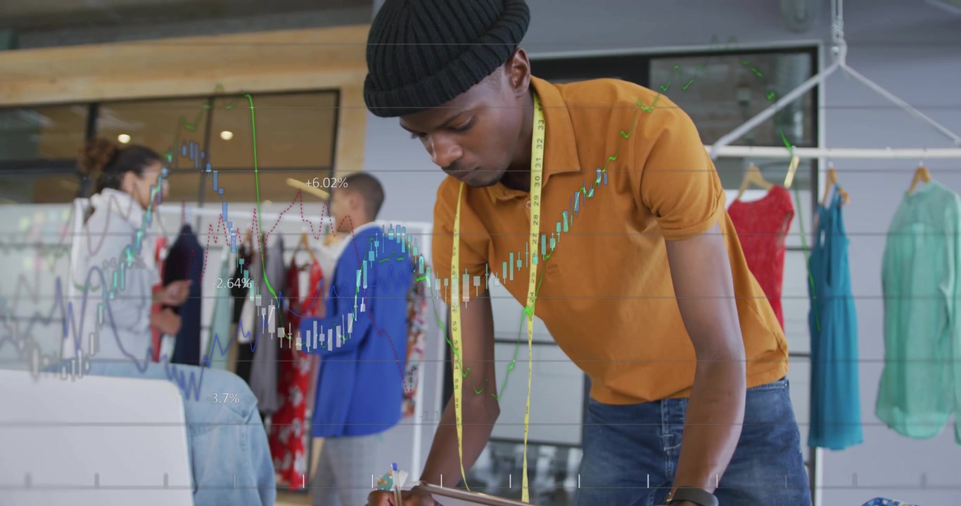 Measuring fabric in fashion studio, man analyzing stock market data animation