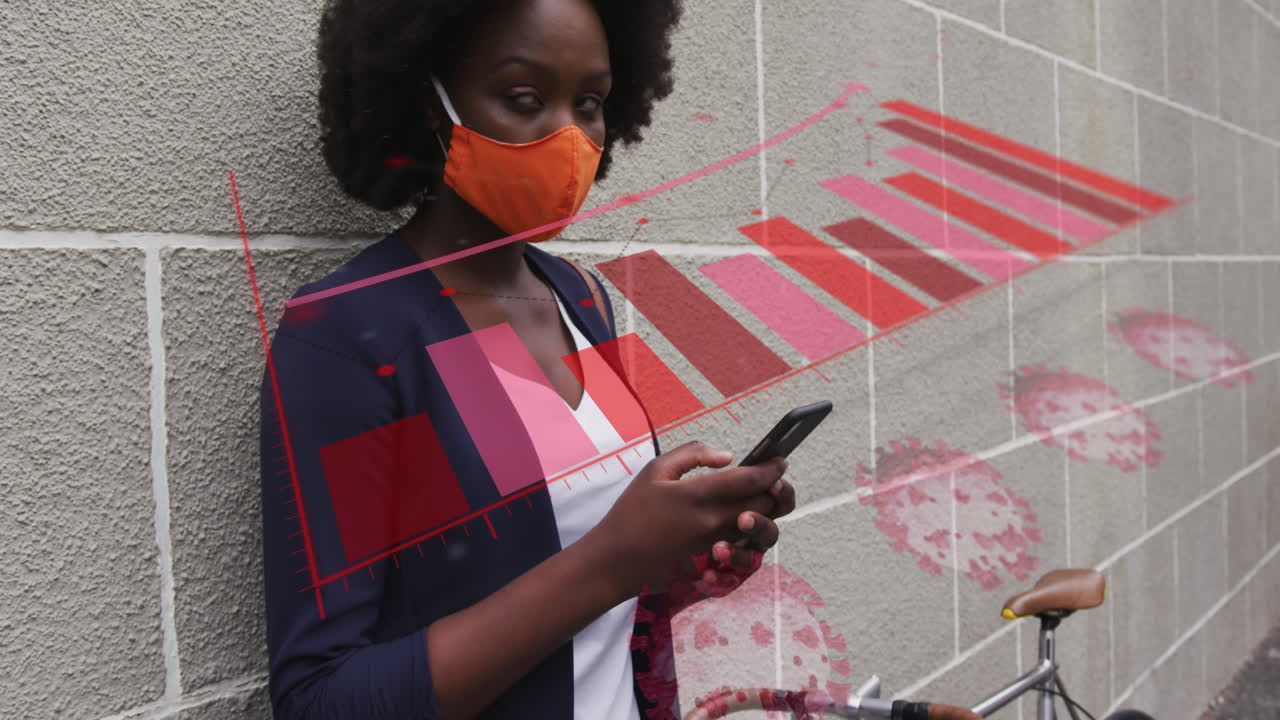 Animation of covid 19 cells and statistics over african american woman in face mask using smartphone