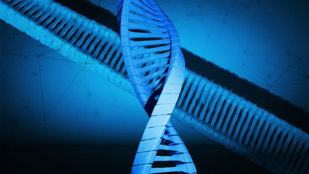 Animazione macro di un filamento di DNA 3D blu in rotazione.