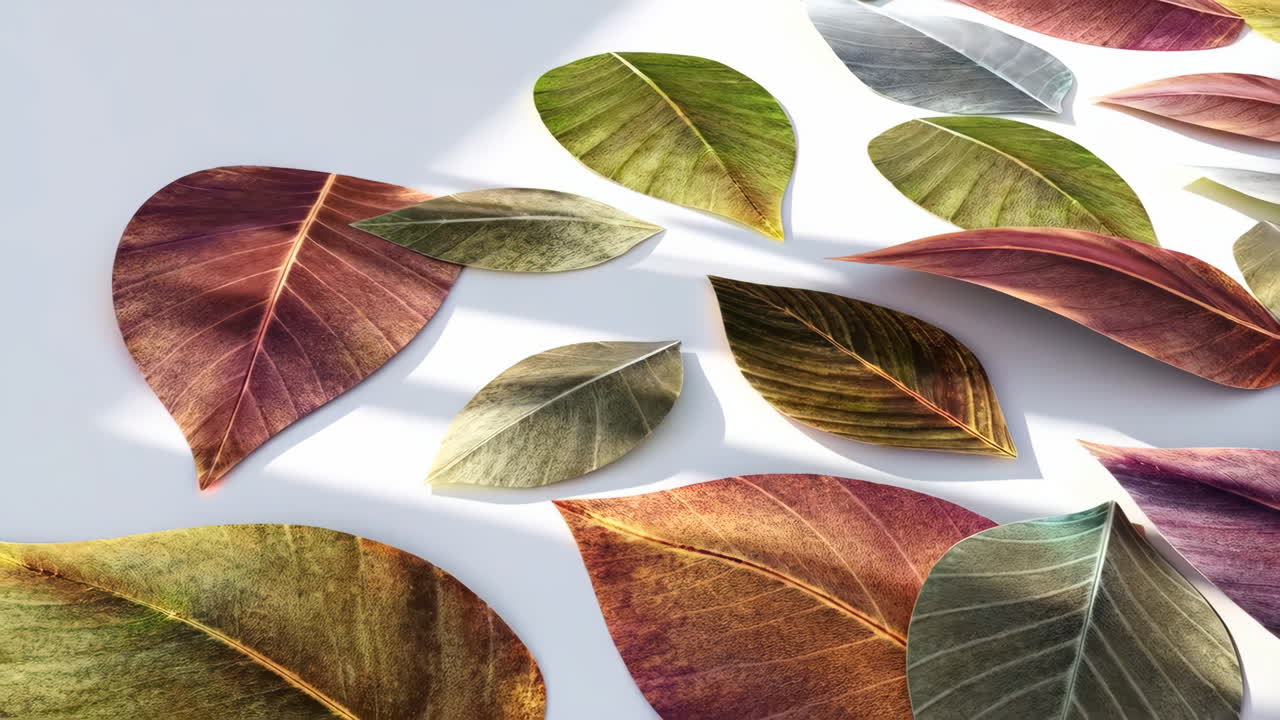 Colorful Autumn Leaves Scattered on White Background