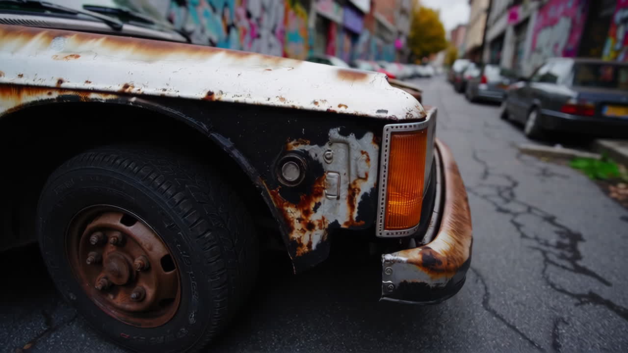 Urban Alleyway with Graffiti and Rusty Car