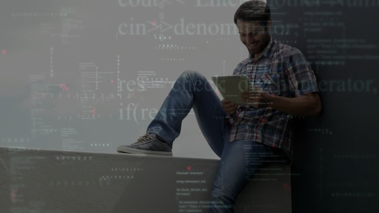 Man sitting ledge taking tablet and tapping screen while code overlay drifting for tech demo