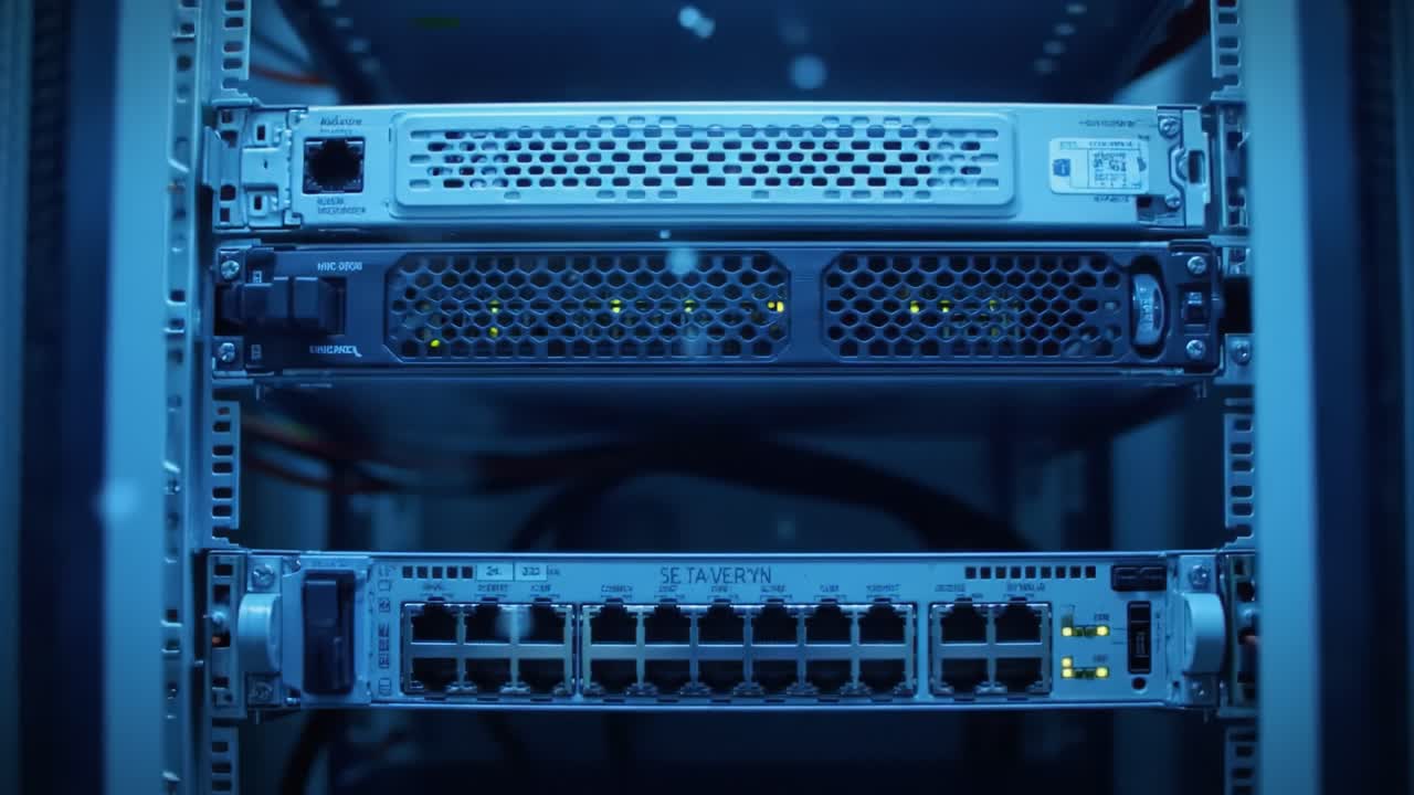 A Glimpse into Modern Data Center Technology: Close-Up of High-Performance Network Equipment in Operation Inside a Server Rack