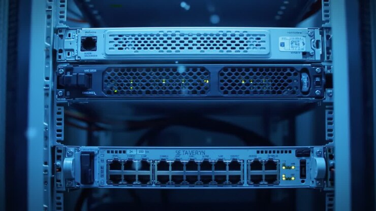 A Glimpse into Modern Data Center Technology: Close-Up of High-Performance Network Equipment in Operation Inside a Server Rack