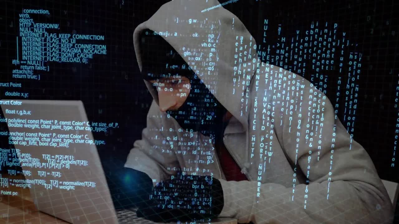 animación digital de un hacker usando una computadora portátil 4k