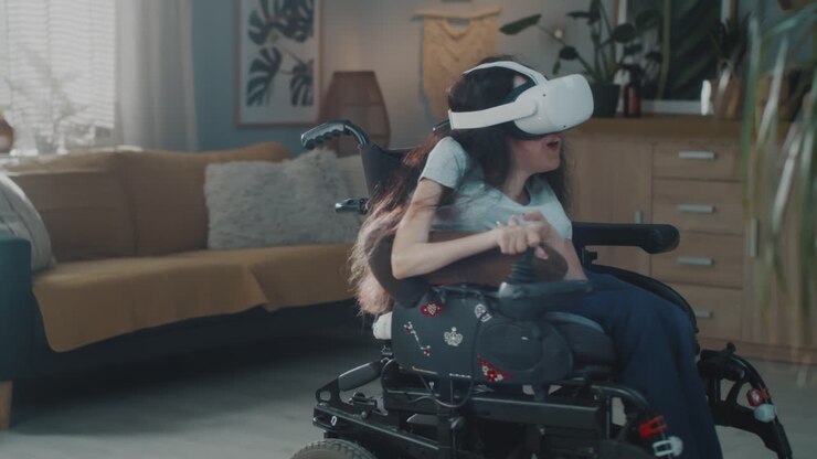 Disabled Girl Experiencing VR Gaming in Wheelchair