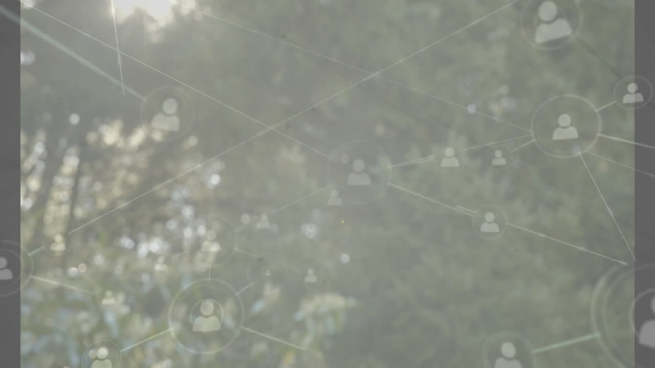 Network of connections and data processing animation over blurred natural background
