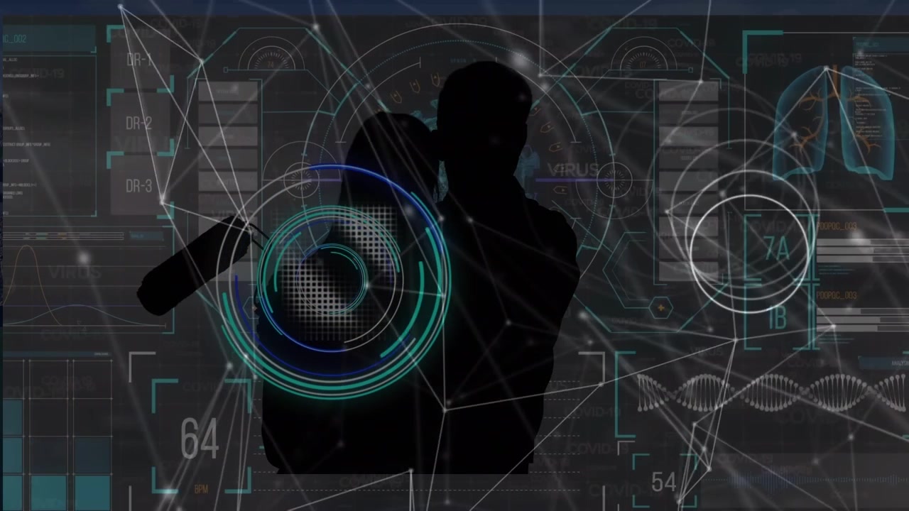 Animation of data processing over silhouettes of business people
