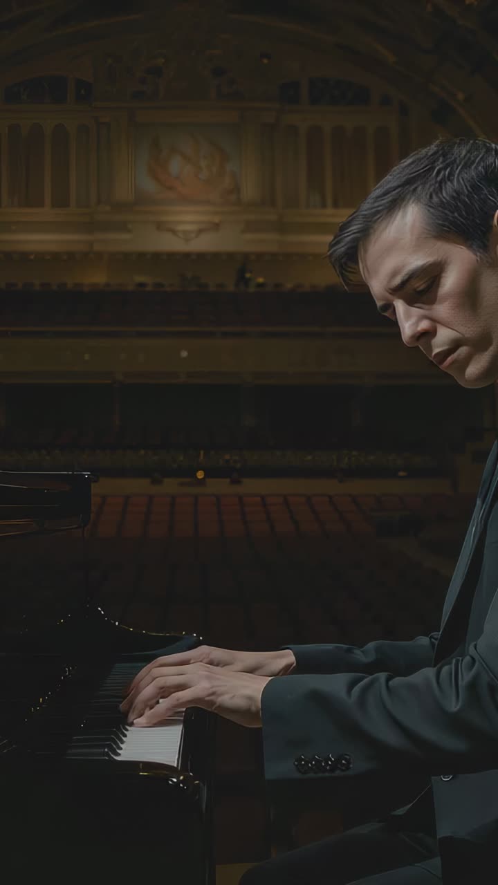 Vertical video: Placing hands on keys, pianist in suit playing piano, phrasing on stage, copy space