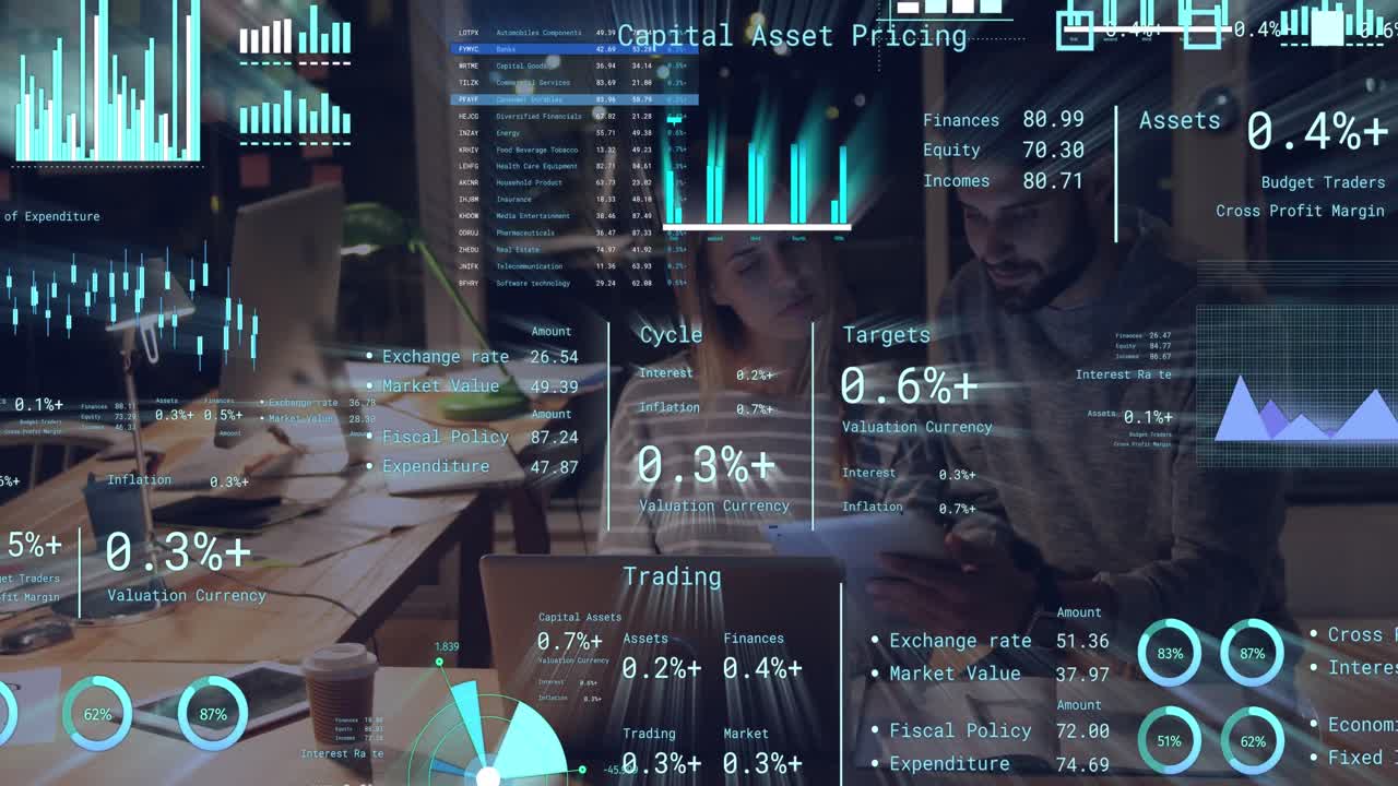 Animation of financial data processing over diverse business people in office
