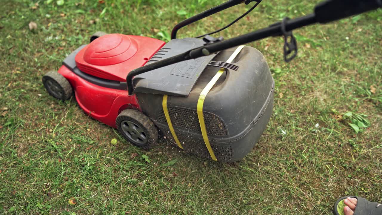 Boy working in the yard with lawn mower. Electric machine is cutting grass in the garden. Gardening works outdoors.