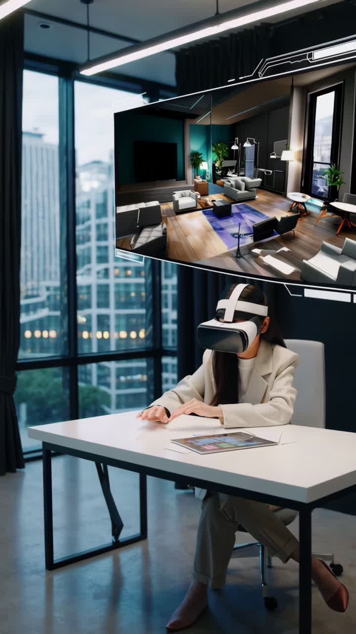 Woman using VR headset for virtual interior design in a modern office
