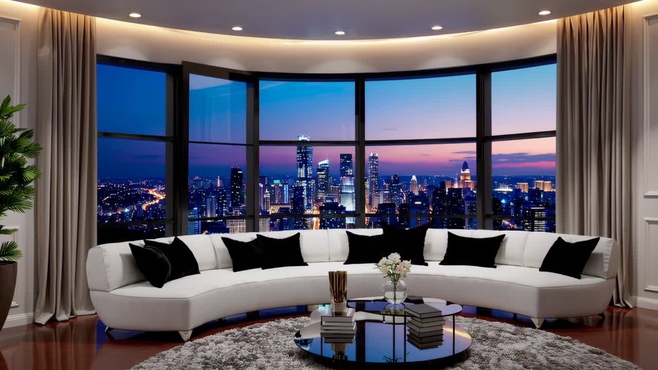 Luxury Apartment Living Room with City View at Night