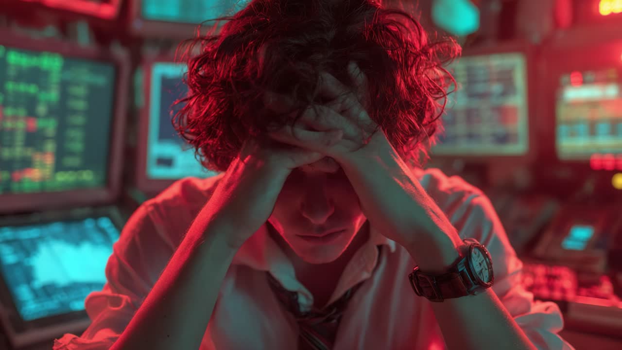 A Frustrated Trader in a High-Pressure Environment Struggles with Stress and Decision-Making Amidst Glowing Screens and Market Chaos