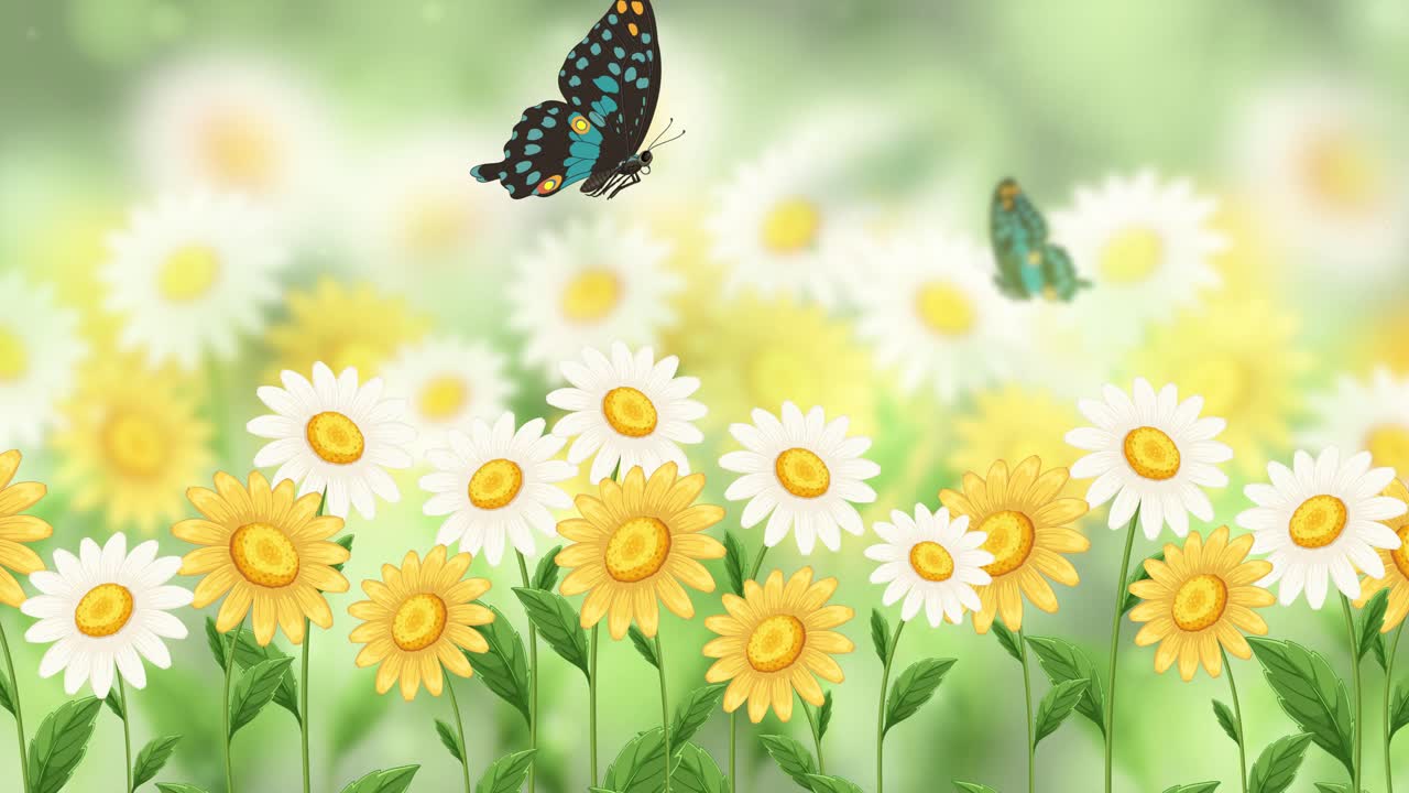 Butterflies gracefully flutter above vibrant yellow and white cosmos flowers, creating a serene and lively animation with soft lighting