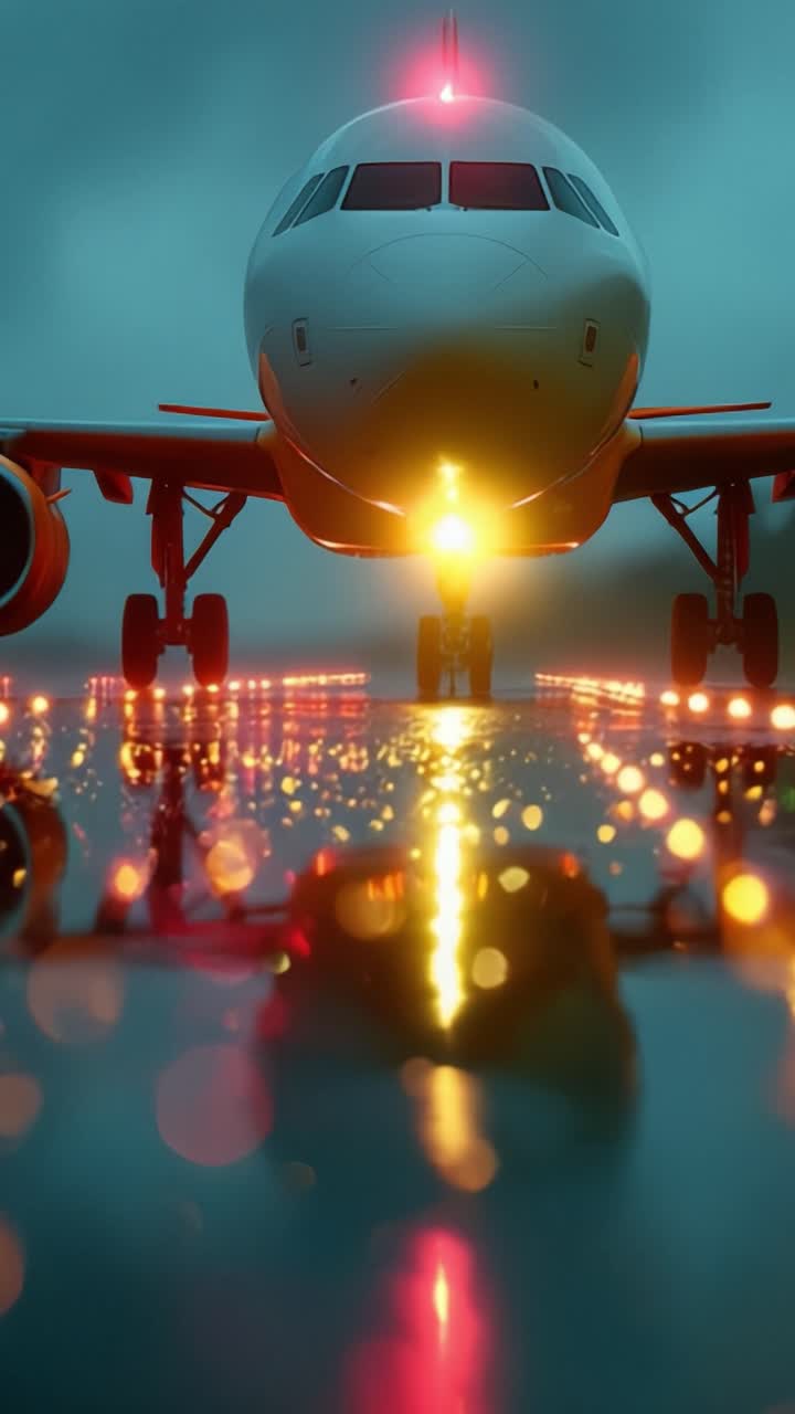 Primer Plano Dramático de un Avión en una Pista Mojada por la Lluvia con Luces Brillantes y Reflejos, Capturando la Esencia de la Aviación Moderna y los Viajes