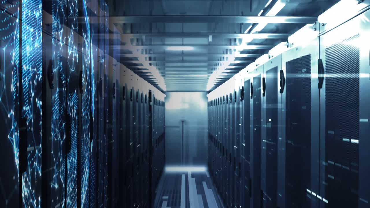 Animation of shapes moving and globe over server room