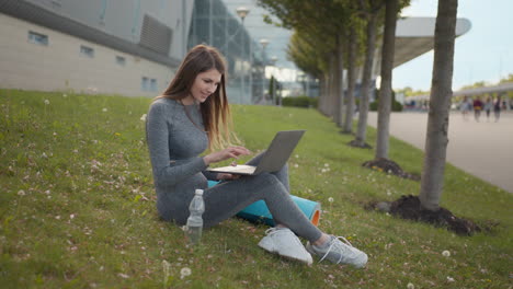 mujer trabajando en una computadora portátil al aire libre