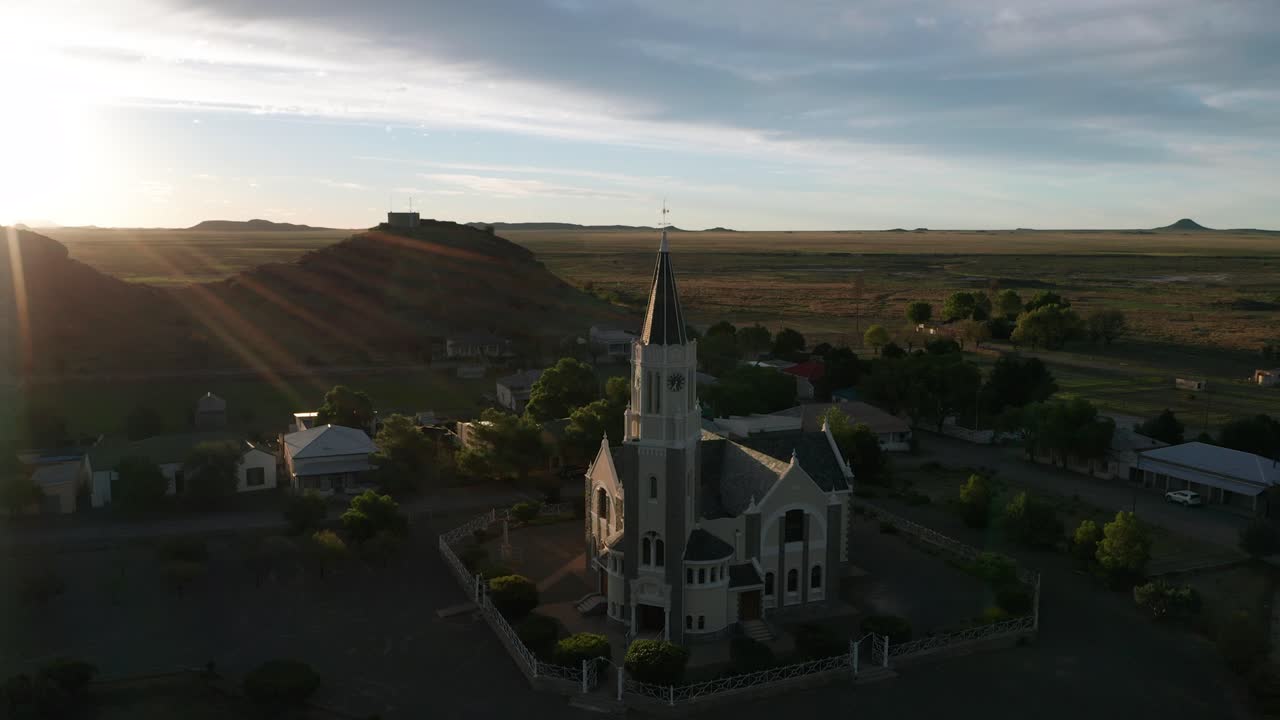 Stunning sundown in Hanover, South Africa, with its Dutch Reformed Church, drone