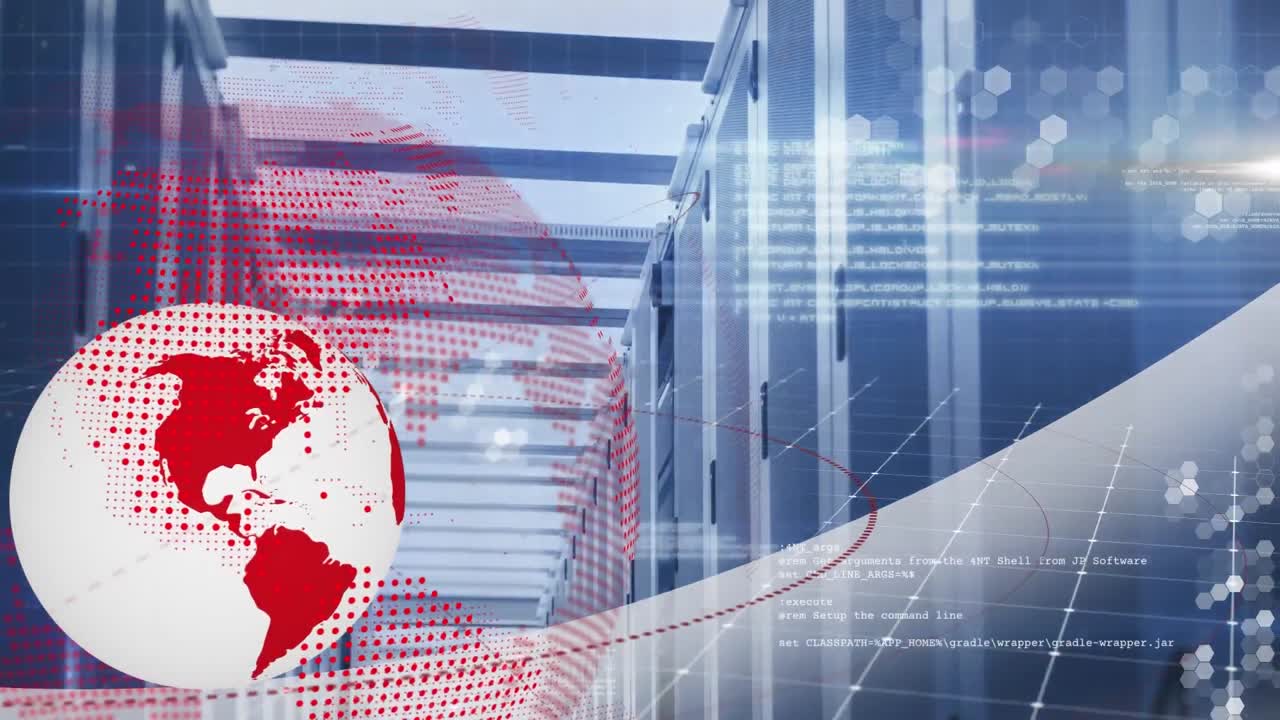 コンピュータサーバールームに対する回転する地球,データ処理,ライトスポットのアニメーション