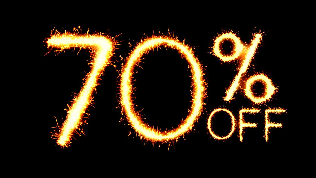 70% de descuento en texto, brillo, chispas, animación de bucle de fuegos artificiales