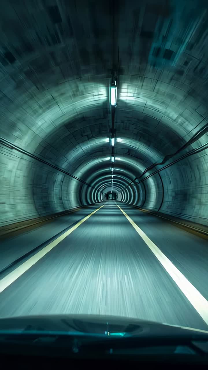 Vertical video: Entering tunnel, vehicle moving through concrete bore, showing hood, yellow lines