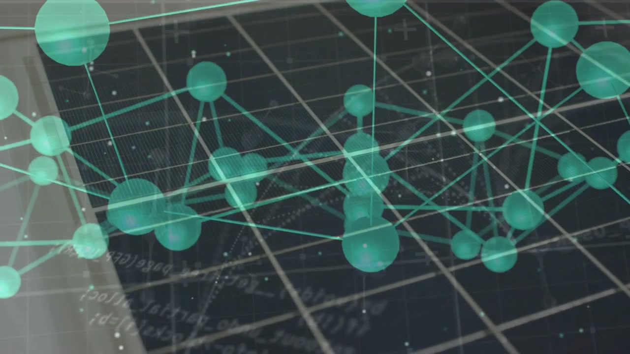 Camera panning right, teal network shifting nodes and rotating lines while showing data links