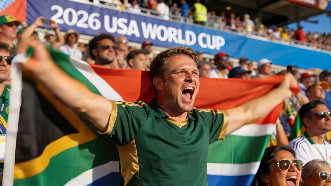 En råbende mand i grøn trøje løfter armene og leder jubelråb på stadion, med et sydafrikansk flag.