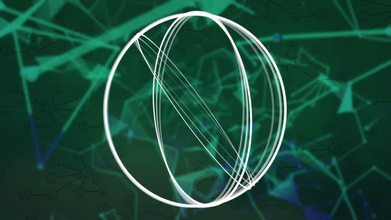 Animation of white geometric lines forming sphere over green network background