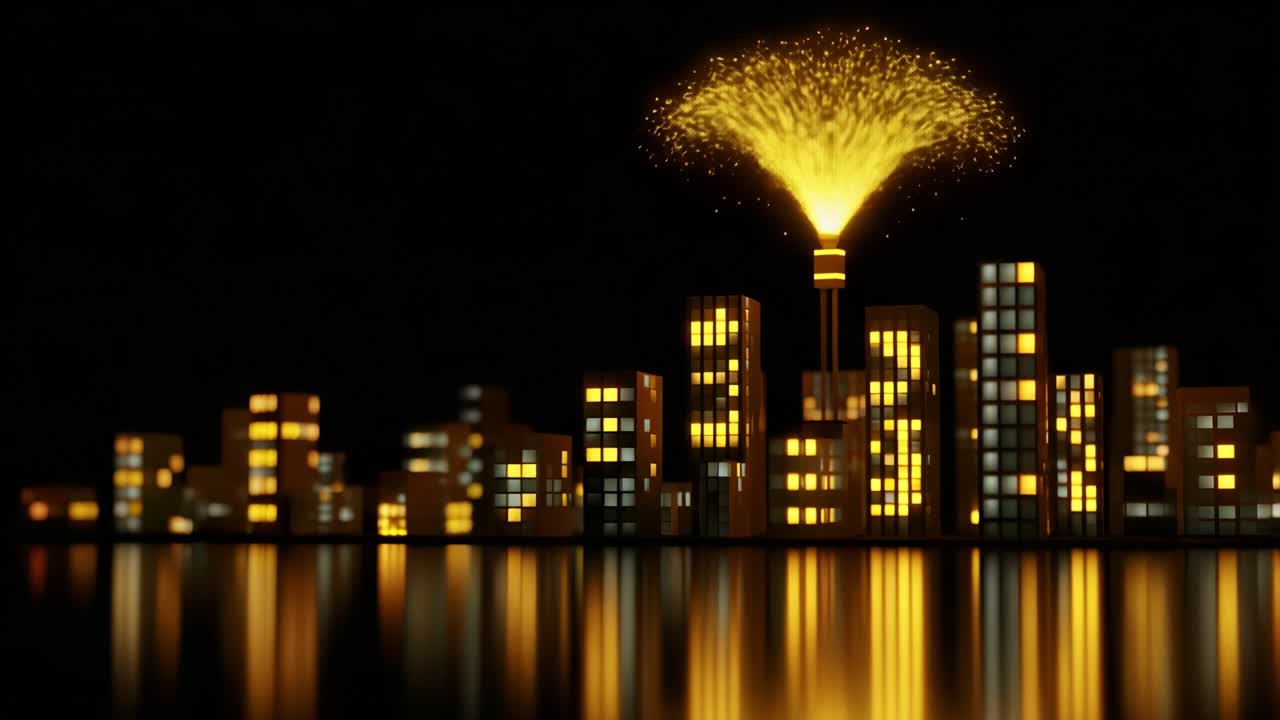 A Vibrant Nighttime Cityscape Illuminated by Sparkling Fireworks, Capturing the Essence of Urban Celebration with Glimmering Lights Reflecting on Calm Waters in a Captivating Atmosphere