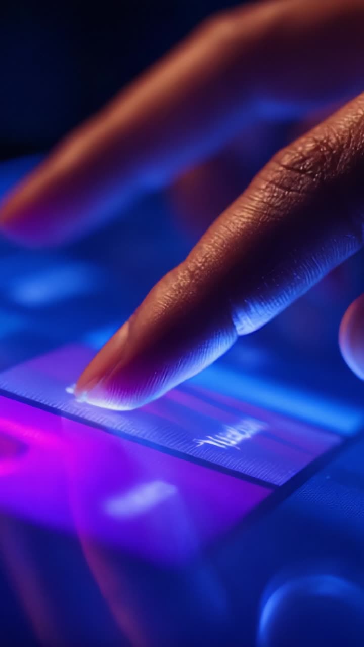 Primo piano di un dito con un'interfaccia touchscreen colorata, che mostra la connettività digitale e la tecnologia touch in azione