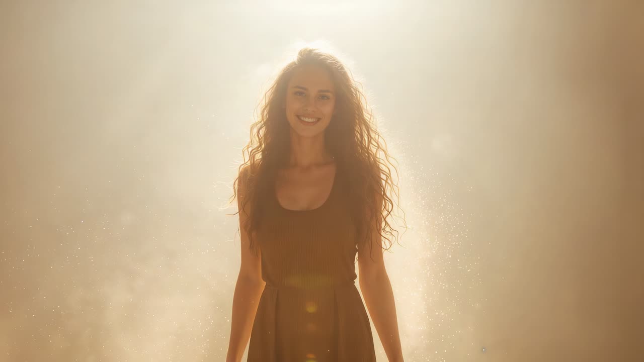 Donna che cammina sorridendo e mostra i lunghi capelli ricci, abito dai colori naturali in controluce in studio, alone luminoso effetto nebbia