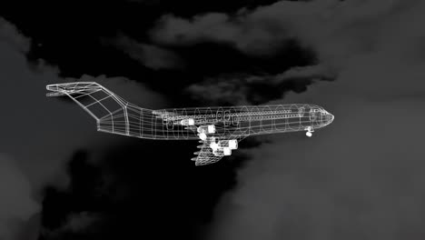 animation of 3d technical drawing of model of aeroplane and clouds background