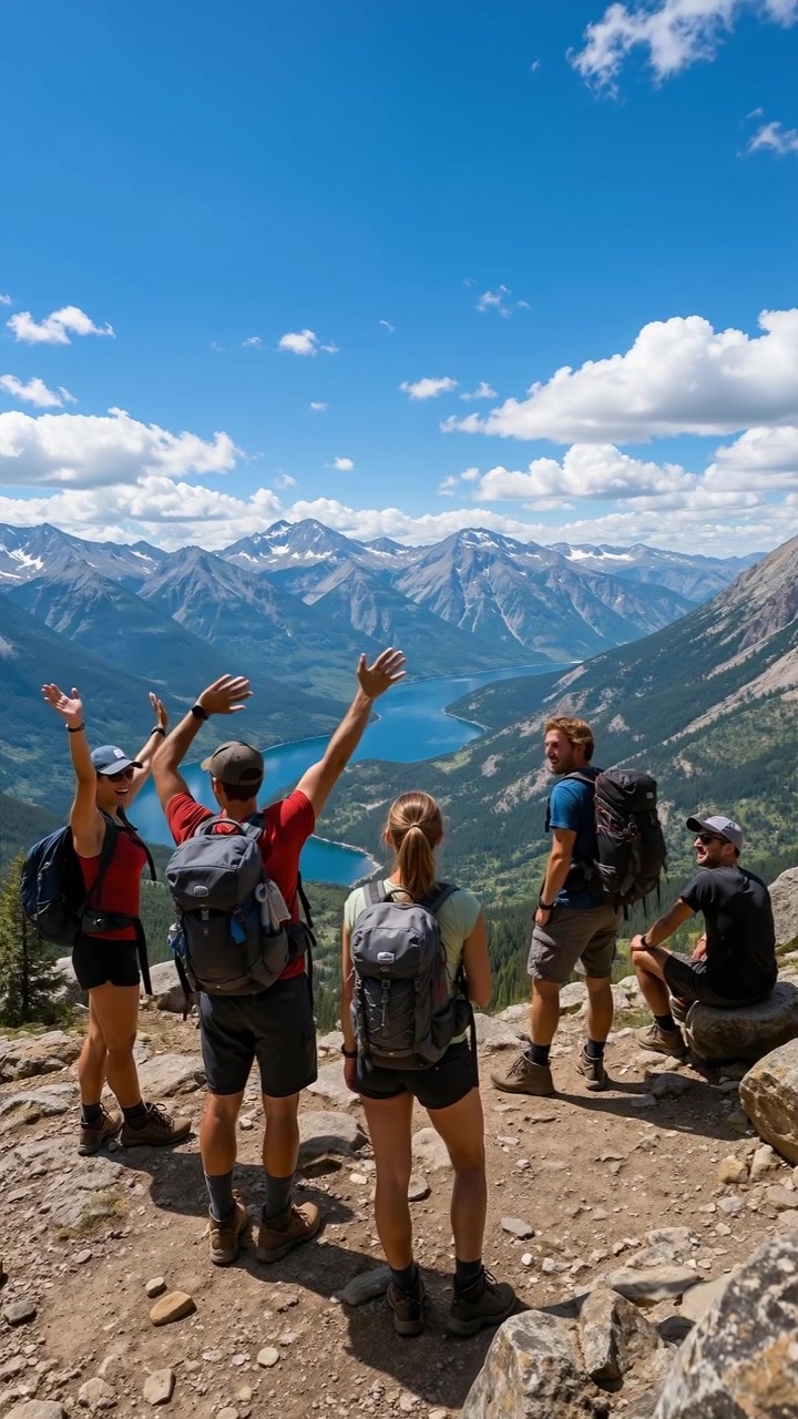 Gruppo di escursionisti che festeggia su una vetta di montagna, guardando un bellissimo lago alpino.