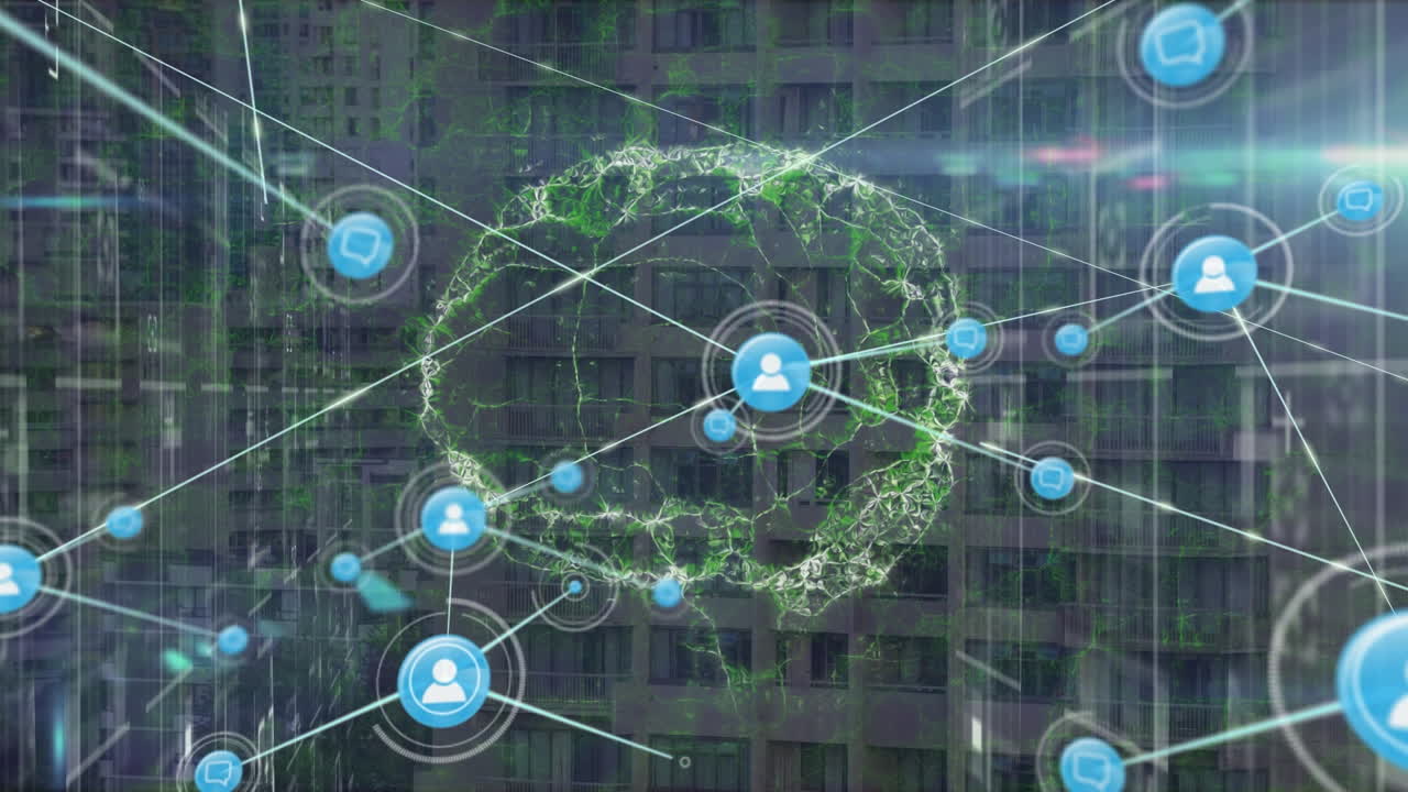 도시 풍경에 대한 아이콘과 두뇌와의 연결 네트워크의 애니메이션