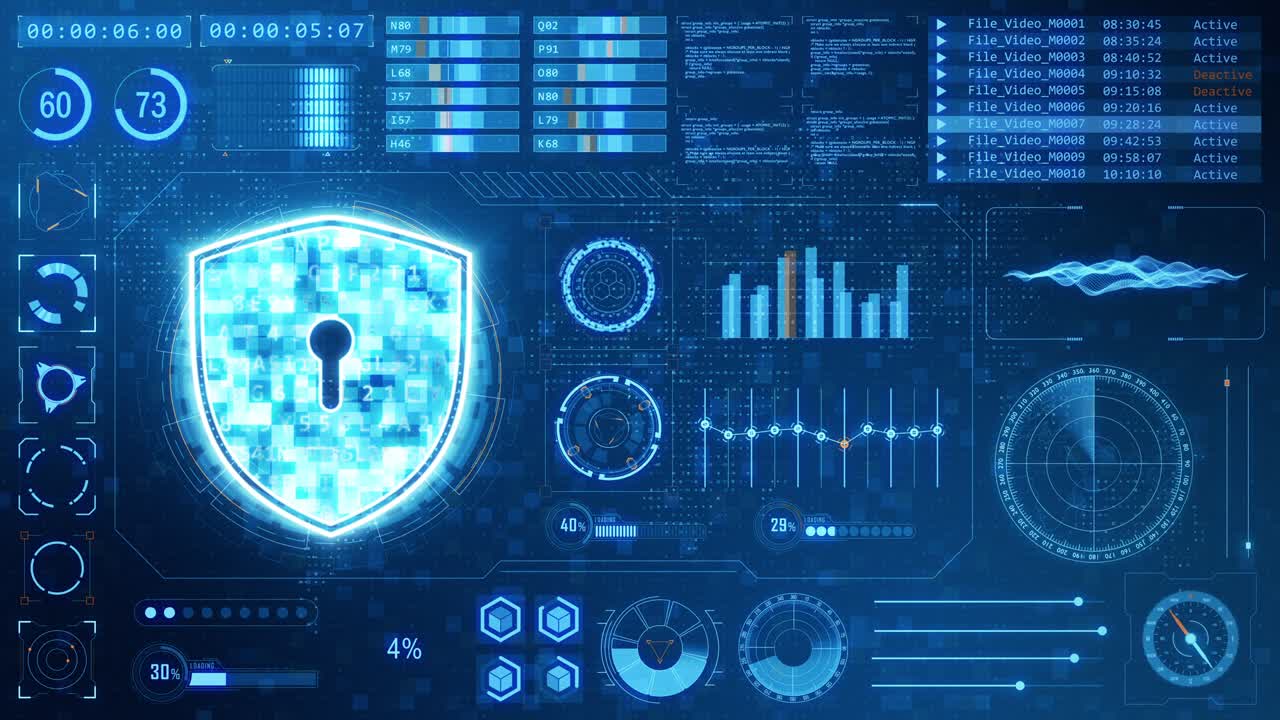 gráfico de movimiento del escudo azul con pantalla de cabeza hacia arriba (hud ) fondo y tecnología futurista fondo abstracto concepto de seguridad de red