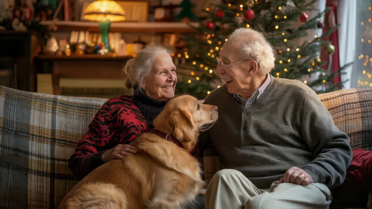 Senior couple sharing heartwarming moments with beloved golden retriever, nestled together on cozy sofa near decorated Christmas tree, embodying festive family bonding and warm companionship