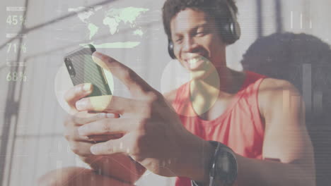 animación de procesamiento de datos estadísticos sobre un hombre afroamericano feliz usando un teléfono inteligente al aire libre