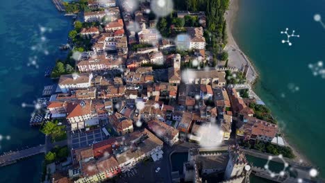 animation of connections moving over aerial view of coastal town