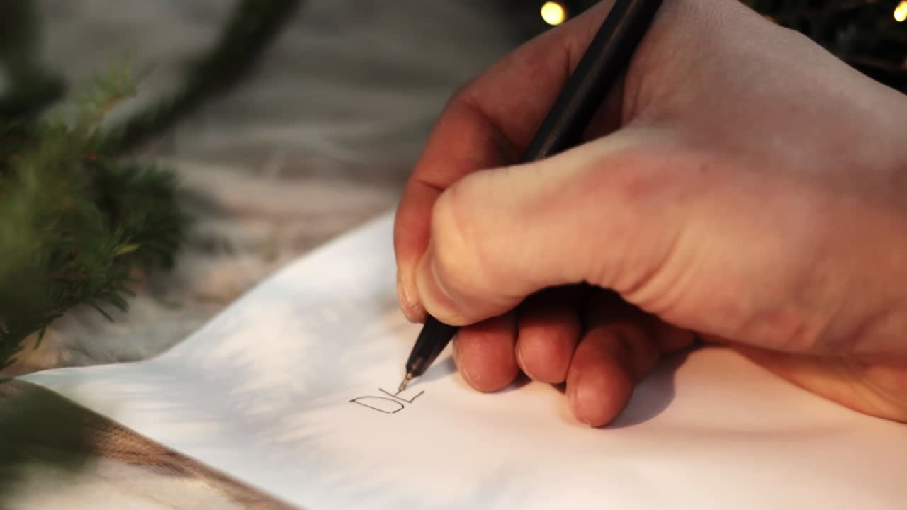 человек пишет письмо санте, пропуская букву "а" и заменяя ее на обычном белом листе бумаги