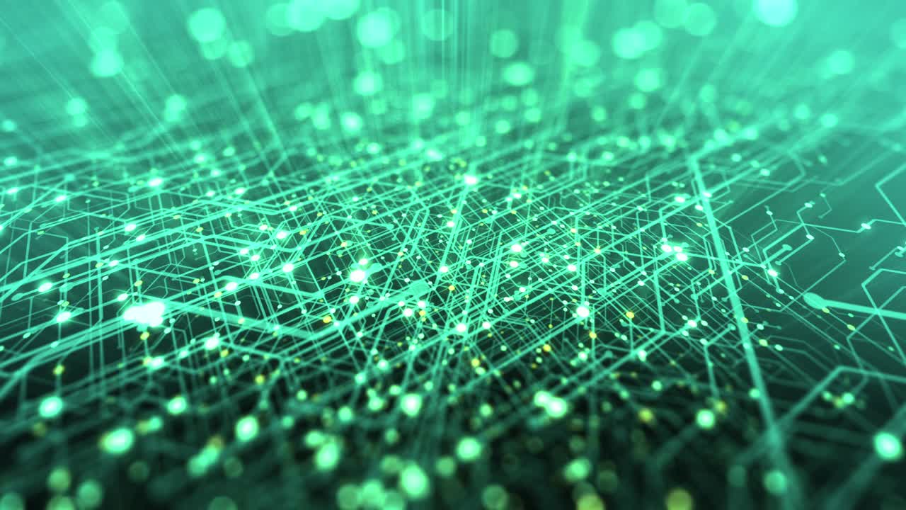 Abstract tech background made of printed circuit board. Depth of field effect and bokeh. internet connections, cloud computing and neural network, big data. 3D render, 4K seamless loop