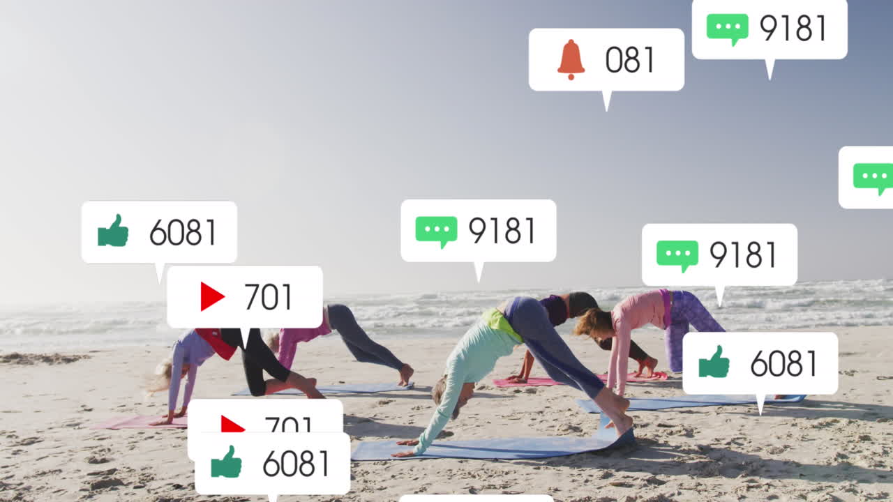 해변에서 운동하는 다양한 여성에 대한 소셜 미디어 데이터 처리의 애니메이션