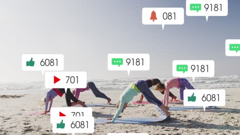 Animación-Del-Procesamiento-De-Datos-De-Redes-Sociales-Sobre-Diversas-Mujeres-Haciendo-Ejercicio-En-La-Playa.