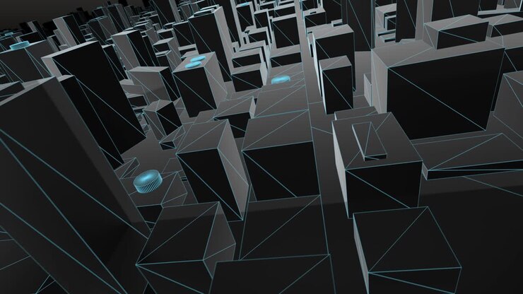 Mapa 3D da Cidade com Wireframe Azul em Sobrevoo