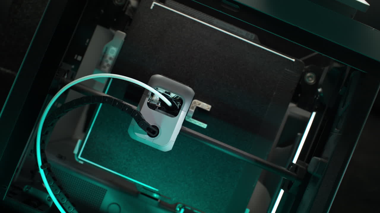 Process of Printing 3D Object Inside the 3D Printer Illuminated by Blue Light - Table Top View, Dolly out